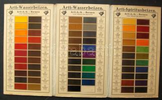 1920 Arti Aag németnyelvű színminta katalógusa, szétnyitható hármastábla. Egy szín hiányzik
