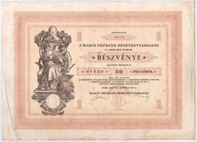 Makó 1929. "Makói Népbank Részvénytársaság" részvénye 50P-ről (2x), sorszámkövetők "0...