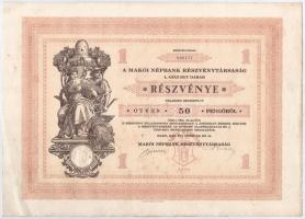 Makó 1929. "Makói Népbank Részvénytársaság" részvénye 50P-ről (2x), sorszámkövetők "0...