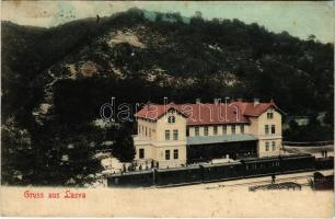 1908 Lasva, Bahnhof / Kolodvorska Stacija / railway station, train, wagons (r)