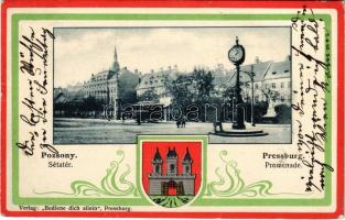 1902 Pozsony, Pressburg, Bratislava; Sétatér, villamos. Verlag &quot;Bediene dich allein&quot; Szecessziós lap címerrel és magyar színnel / promenade, tram. Art Nouveau, coat of arms, Hungarian national colour frame (EK)