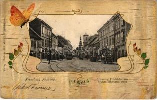 1904 Pozsony, Pressburg, Bratislava; Erzherzog Friedrichstrasse / Frigyes főherceg utca, villamos. Verlag &quot;Bediene dich allein&quot; Szecessziós litho keret pillangóval / street view, tram. Art Nouveau, litho frame with butterfly (fl)