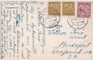 1935 Námesztó, Námestovo; utca, benzinkút, automobilok. Jozef Sandrik kiadása / street view, gas sta...