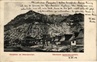 1908 Sztankován, Stankovany; látkép, templom / general view, church + &quot;KASSA - RUTTKA 182. SZ. A&quot; vasúti mozgóposta bélyegző (EK)