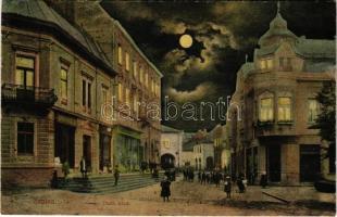 1913 Zsolna, Sillein, Zilina; Deák utca este, Bank, üzletek / street view at night, bank, shops (r)