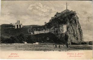 Dévény, Theben a. d. Donau, Devín (Pozsony, Bratislava); Árpád szobor, várrom. Verlag "Bediene dich allein" / Thebner Ruine mit Árpád-Denkmal / castle ruins, monument (r)