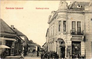 1907 Léva, Levice; Kazinczy utca, üzletek / street view, shops + G.BERZENCZE - P.NÁNA 87. SZ. B vasúti mozgóposta bélyegző (r)