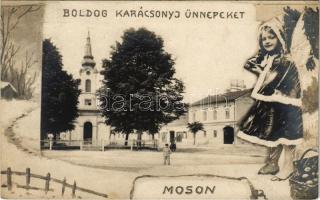 1908 Moson (Mosonmagyaróvár), utca, templom. Szecessziós montázslap Karácsonyi üdvözlettel és lánnyal (EK)