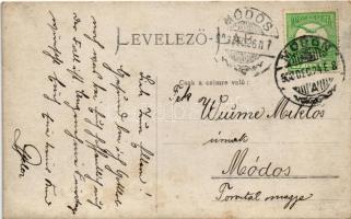 1908 Moson (Mosonmagyaróvár), utca, templom. Szecessziós montázslap Karácsonyi üdvözlettel és lánnya...