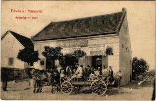 1913 Mány, Polgári fogyasztási szövetkezet üzlete, lovaskocsi + WIEN - GYŐR - BUDAPEST 352 A vasúti mozgóposta bélyegző (EK)