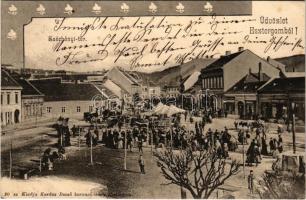 1903 Esztergom, Széchenyi tér, piac, Takács Károly, Popper Lipót, Sziklai üzlete. Kardos Dezső kiadása (EK)