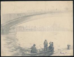 vitéz Pataky Ferenc (1897-?): Csónakázók a Margit hídnál. Ceruza, papír, jelzett, 16x21 cm
