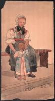 Demeczkyné Volf Irma (1874-1957): Szlovák menyecske, 1906. Akvarell, tus, papír, jelzett, hátoldalán autográf felirattal és töredékes kiállítási raglappal, sérült. 36,5x19,5 cm
