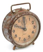 cca 1950 Switana svájci ébresztős asztali óra, fém, rozsdafoltos, 11,5x9,5 cm / Vintage Swiss alarm clock, with rust stains