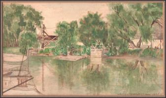 Lápossy Hegedűs Géza (1875-1929): Vízparti táj, 1925. Akvarell, papír, jelzett, paszpartuban, 16×28 ...