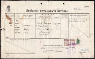 1940 Nagyvárad, születési anyakönyvi kivonat, szakadással, illetékbélyeggel