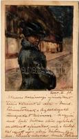 1902 Kézzel rajzolt és festett egyedi magyar művészlap / Hungarian hand-drawn and hand-painted custom-made lady art postcard s: Suján P. (vágott / cut)