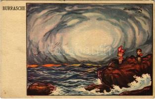 Burrasche / Children art postcard, romantic couple, seashore. 1778-2. (EK)