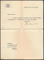 1934 Bp., Dr. Scholtz Kornél (1871-1962) belügyi államtitkár saját kezűleg aláírt levele Dr. Medgyaszay Jenő miniszteri titkár részére, édesapja halála iránti részvétnyilvánításról, fejléces levélpapíron