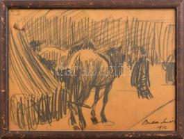 Budai Sándor (1891-1973): Pihenő lovak, 1912. Ceruza, papír, jelzett, kissé sérült. Üvegezett fakeretben. 21×29 cm