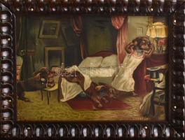 Dekoratív, díszes ládika. Faragott, lakkozott fa, réz zárcímmel, a belső oldalán humoros kiskutyás k...