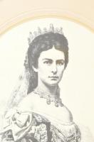 Dekoratív ovális, üvegezett képkeret, benne Wittelsbach Erzsébet magyar királyné nyomata, 35x29cm