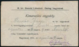 1916 Kimaradási engedély Nagyvárad lábadozó osztag.
