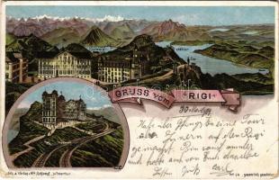 1901 Rigi, Gruss vom... / general view with cog railway. Lith. & Verlag v. Hch. Schlumpf Art Nouveau, litho (EB)