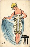 Lady art postcard, after bath s: M. I. (EK)