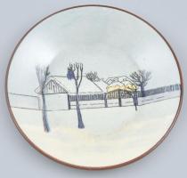 Fisher Emil téli tájat ábrázoló tányér. Kézzel festett, jelzett, hajszálrepedéssel 14 cm, Pálinkás Béla terv.