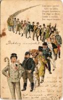 1901 Száz csacsi (pardon) legény egy sorban... humoros litho művészlap / Men humour, litho s: Hegedűs-Geiger R. (kopott sarkak / worn corners)