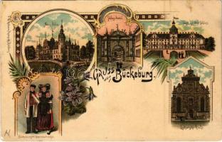 Bückeburg, Neues Palais, Schloss-Portal, Fürstl. Residenz Schloss, Lutherische Kirche, Bückeburger Landestracht / new palace, castle, castle gate, church, German folklore. Art Nouveau, floral, litho (fa)