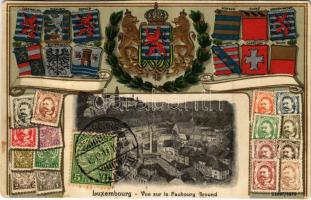 1911 Luxembourg, Luxemburg; Vue sur le Faubourg Ground. Stamps, coat of arms. Art Nouveau, Emb. litho (r)