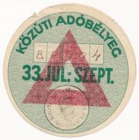 Budapest 1933. Közúti Adóbélyeg - 33. Júl. - Szept. bélyegzéssel, BP 994 sorszámmal T:II kis szakadás