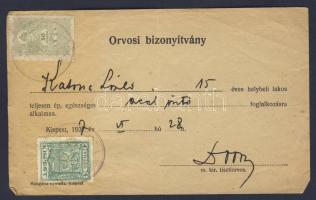 1937 Orvosi bizonyítvány 50f okmánybélyeggel + 4f Kispest városi okmánybélyeggel