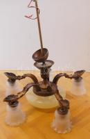 Régi dekoratív 5 ágú csillár újrakábelezve, egy törött és egy másfajta lámpabúrával, 70cm-es függesztett magassággal