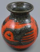 Retro mázas kerámia váza, kézzel festett, jelzett, hibátlan, m: 16cm