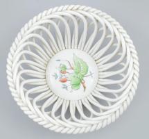 Herendi csipkebogyó mintás fonott tálka. Kézzel festett, jelzett, kopásnyomokkal. D:13 cm