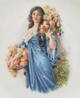 MZ Altrohlau süteményes készlet, porcelán, matricás szecessziós nők jelenettel, kopott, jelzett, d: ...