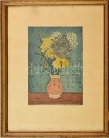 Nyári Lóránt (1928-1982): Csendélet. Linómetszet, papír, jelzett, lap széle foltos, üvegezett fakeretben, 28,5×19,5 cm