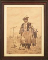 Pándy Lajos (1895 -1957): Pásztor szürkemarhákkal és kutyával. Lavírozott tus, papír, jelzett. Üvegezett, sérült fakeretben, 57×42,5 cm