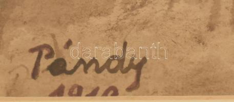 Pándy Lajos (1895 -1957): Pásztor szürkemarhákkal és kutyával. Lavírozott tus, papír, jelzett. Üvege...