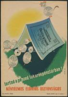 Tartsd a pénzed a takarékpénztárban! Kényelmes, előnyös, biztonságos. Villamosplakát, kisplakát, Szilas Győző (1921-1998) grafikája, jelzett a plakáton, 24x17 cm