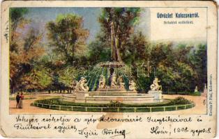 1908 Kolozsvár, Cluj; Sétatéri szökőkút. Kováts P. Fiai kiadása / fountain (kopott sarkak / worn corners)