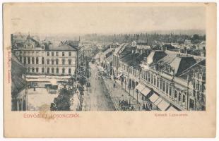 1908 Losonc, Lucenec; Kossuth Lajos utca, piac, Jamrich Gusztáv, Frankl Soma üzlete, Városi szálló, zsinagóga. Redlinger kiadása / street view, market, shops, hotel, synagogue (ragasztónyom / glue marks)