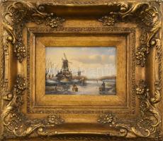 Jelzés nélkül: Téli németalföldi táj. Olaj, fa. Dekoratív fakeretben. 13×18 cm