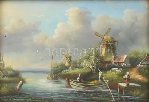 Jelzés nélkül: Vízparti táj csónakázókkal. Olaj, fa. Dekoratív fakeretben. 13×18 cm