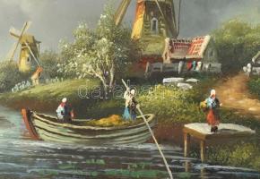 Jelzés nélkül: Vízparti táj csónakázókkal. Olaj, fa. Dekoratív fakeretben. 13×18 cm