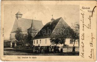 1905 Visk, Vyshkovo (Máramaros); Református templom és iskola. Katz H. kiadása / Calvinist church and school (apró lyuk / tiny hole)