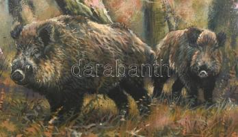 Seres jelzéssel (János?): Vaddisznók. Olaj, farost. Dekoratív fakeretben. 32×44 cm